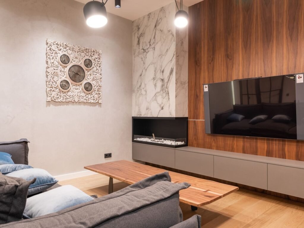 Fluted wood panelling on a feature wall